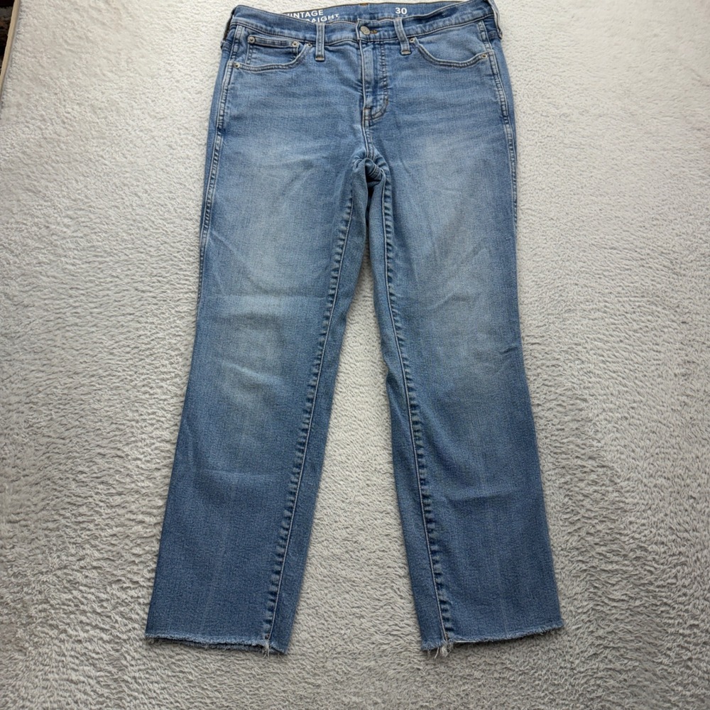 J.Crew Vintage Slim Straight Jeans 30 Medium Wash Hemp Blend Raw Hem Blue